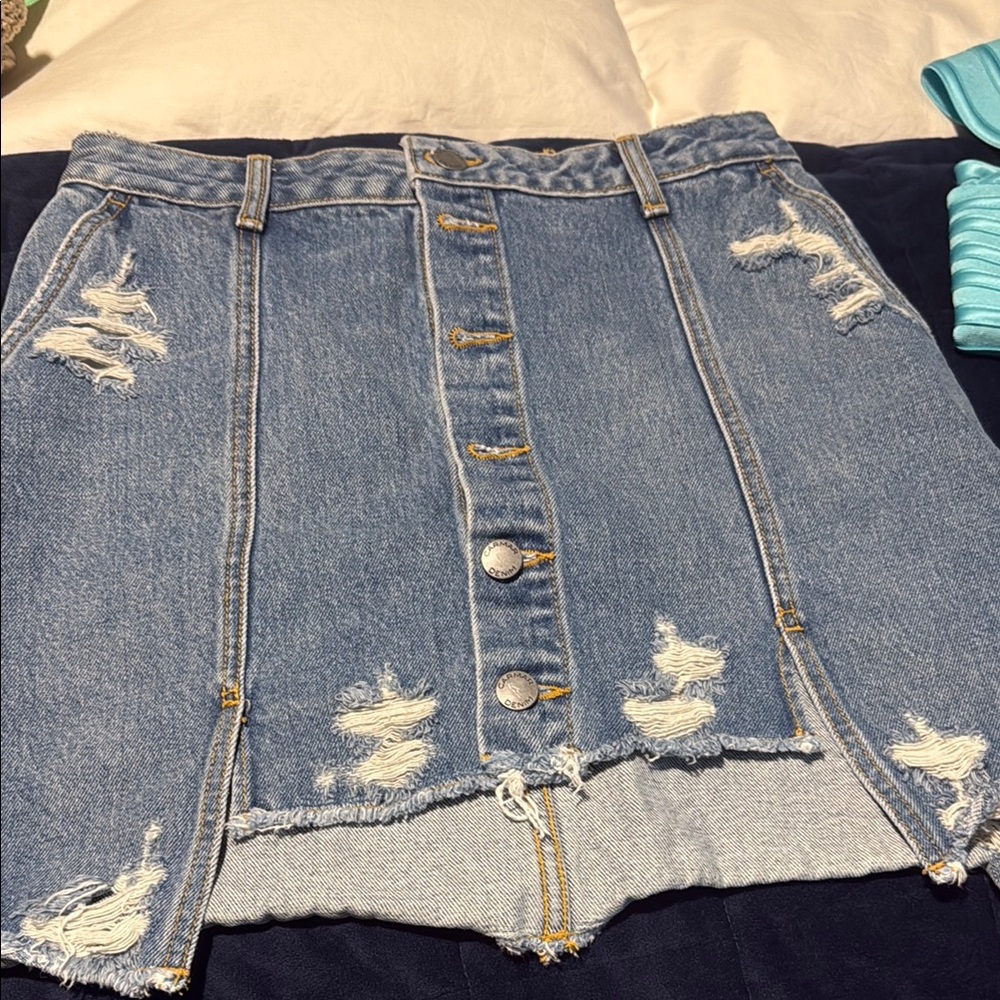 Denim Distressed Button-Front Skirt